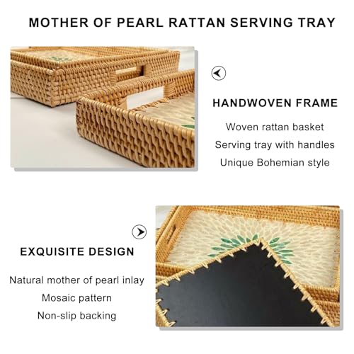 Handmade Mother of Pearl Rattan Serving Tray with Handles 13" x 9" Natural Shell Mosaic Pattern Ottoman Tray for Storage and Display of Coffee Bread Food Fruit (Gold Leaf) - color: Gold Leaf