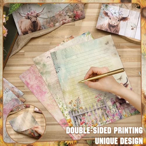 TaoBary 160 Pcs Floral Highland Cow Stationery Paper and Envelopes Set - size: 8.5 x 11 Inch, style: Floral Highland Cow