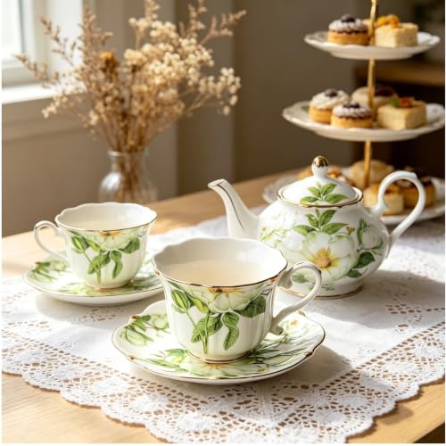 Vintage Porcelain Floral Tea Set — 22oz Teapot + 2 Tea Cup & Saucer Sets + 2 Gold Spoons | Porcelain Teapot and Cup Set, Tea for One/Tea Party Set (Green)