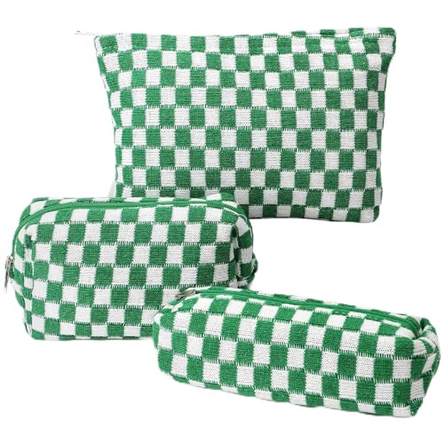 EIMMBD Makeup Bag 3 Pieces Large Capacity Checkered Cosmetic Bags Travel Toiletry Bag Organizer Cute Makeup Pouch Storage for Women (Green) - color: Green