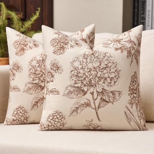 Kevin Textile Hydrangea Floral Pillow Covers Set of 2 18x18 Inch, Brown - color: Brown