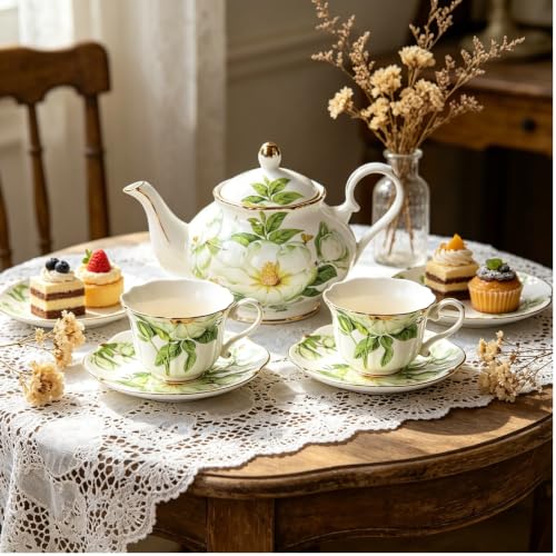 Vintage Porcelain Floral Tea Set — 22oz Teapot + 2 Tea Cup & Saucer Sets + 2 Gold Spoons | Porcelain Teapot and Cup Set, Tea for One/Tea Party Set (Green)