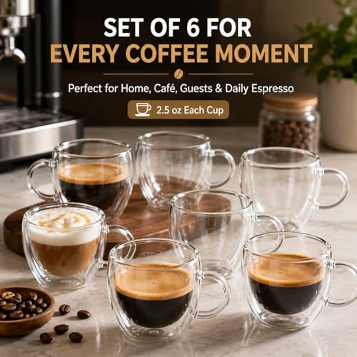 2.5oz Espresso Cups Set of 6, Small Expresso Shot Glass, Clear Expresso Coffee Cup with Handle, Double Wall Insulated Espresso Mugs,Tazas De Cafe Expreso, Suif for Espresso Machine Accessories - size: 2.5oz-6pack