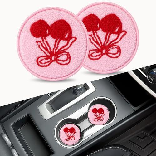 Car Cup Holder Coaster, 2-Pack Drink Coasters for Car Accessories, Car Things Automotive Organization, Desk Use, Men and Women’s Must-Haves, Pink Cherry Felt Inserts Gift for Her - color: Red/Pink