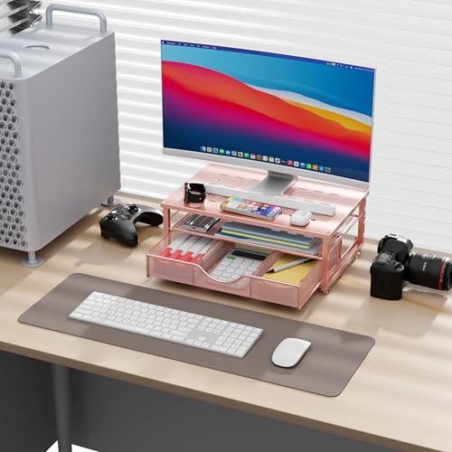 gianotter Computer Monitor Stand Riser with Drawer - color: Rose, size: 14.1L x 9.64W x 5.9H Inch