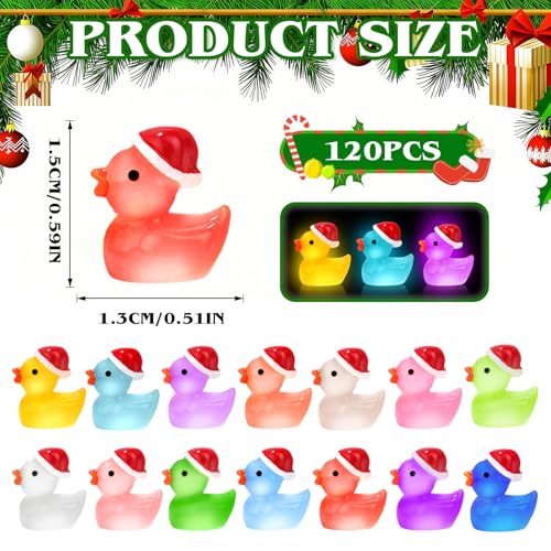 120Pcs Luminous Christmas Mini Resin Duck 14 Colors Glow in The Dark Small Duck Figurines for Miniature Christmas Decor Aquarium Ornament Dollhouse Decoration DIY Slime Craft Kit Birthday Party Favors - color: 120pcs-christmas Ducks