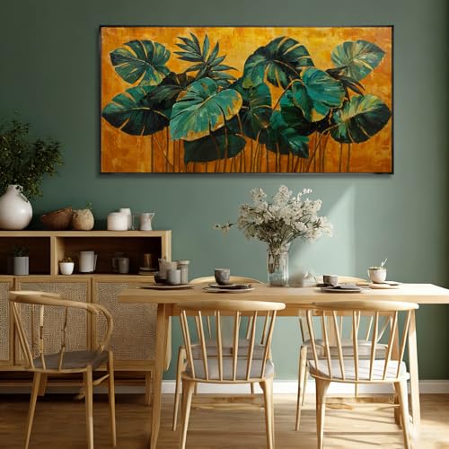 SOUGUAN Canvas Print Wall Art Green Gold Tropical Palm Leaves Nature Wilderness Illustrations Modern Art Rustic Wall Decor Pictures Artwork 24"x48" for Living Room - color: SOUGUAN-LSY60120, size: 48"L x 24"W