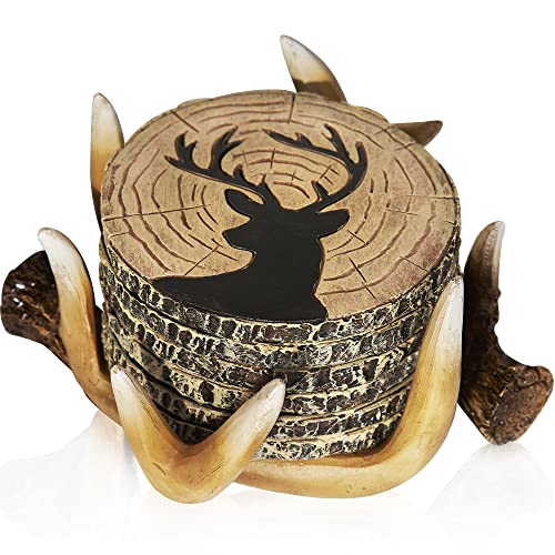 Deer Antlers Coaster Set of 6 – Handcrafted Deer Antler Decor and Man Cave Gifts for Men - 6 Full Size Deer Antlers Coasters for Man Cave Décor - style: Deer Coasters