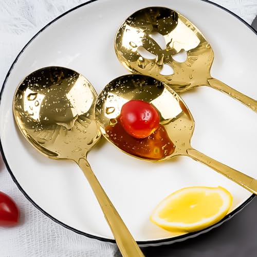 Serving Spoons Set, 9.14 Inch Slotted Spoons,Stainless Steel Gold kitchen Utensils set for Buffet(6Pack,Gold) - size: 3 Spoons, 3 Slotted，Gold-new