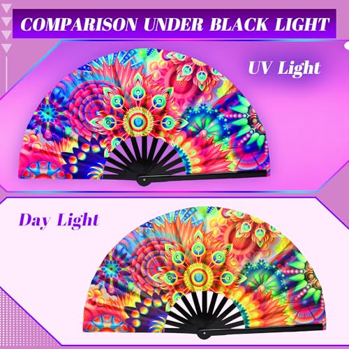 13 Inch Large Rave Fan & Clack Fan for Line Dancing - Folding Hand Fan with UV Glow for Boots on The Ground, Performance, Wedding, Party - Portable Handheld Fan for Women & Men - color: Peacock Feathers*1