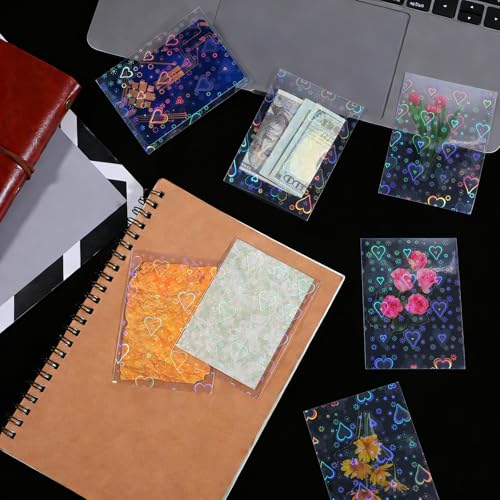 100PCS Laser Flashing Card Sleeves, Love Heart Laser Flashing Holographic Card Sleeves, Photocard Sleeve with Holographic Foil Cover, Laser-Flashing Trading Card-Protector for Photo Cards (65x90mm)