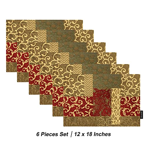 Loom and Mill Luxury Patchwork Damask Placemats Set of 6, Red Gold, 12x18in - color: Red Gold, size: 6 Piece-12x18 inch