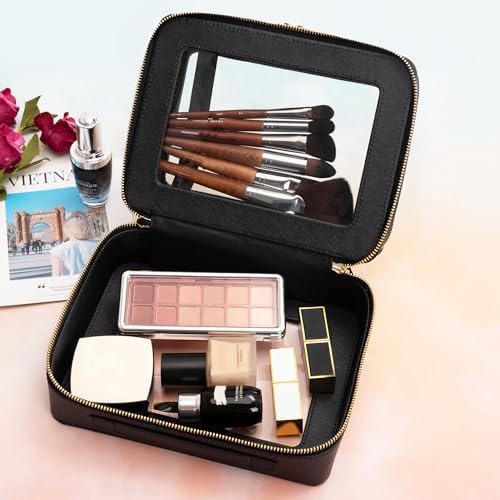 Aveniee XL Clear Makeup Organizer,Double Layer Travel Cosmetic Case with Brush Holder & Zippered Compartments,Big Toiletry Bag for Travel Accessories,2 Layers Large,Black - color: Black, style: Dual Layer Large