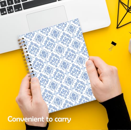 Qykwz Grandmillennial Blue and White Floral Spiral Notebook 5.5x8.3, Block Print Flower Journal for Women, Blue Grand Millenial Floral Aesthetic Hardcover Notebook Journal - color: Color_E