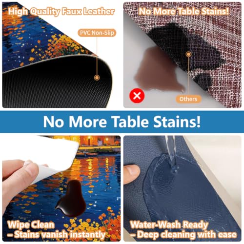 Peacoblue Placemats Set of 4,Faux Leather Oil Painting Landscape Design - style: Oil Painting Landscape with Stars
