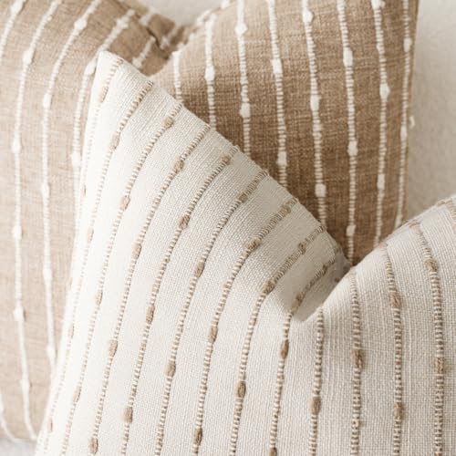 Foindtower Decorative Striped Boucle Throw Pillow Covers 18x18 Cream Camel - color: Irish Cream, size: 18" x 18" (Pack of 2)
