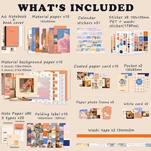 Draupnir Aesthetic Scrapbook Kit(348pcs), Bullet Junk Journal Kit with Journaling/Scrapbooking Supplies, Stationery,A6 Grid Notebook with Graph Ruled Pages DIY Scrapbook Gift for Teen Girl Kid(Sunset) - color: Sunset