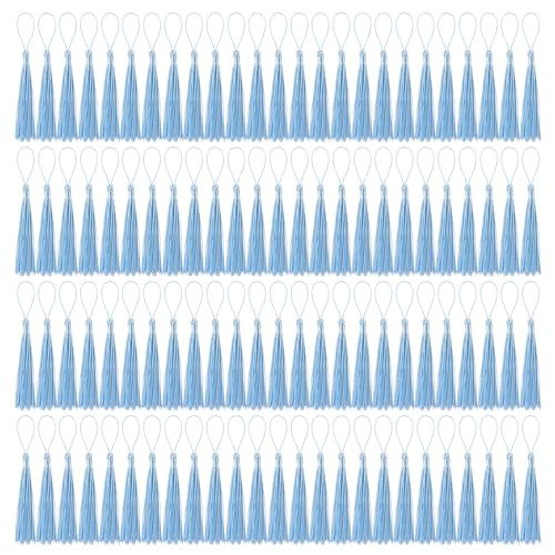 100 Pcs Bookmark Tassels Bulk Light Blue Soft Craft Silky Handmade Mini Tassels for Jewelry Making with Loops for DIY Craft Accessory Dress Decoration - color: Light Blue