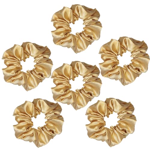 6 Pcs Satin Silk Hair Scrunchies Soft Hair Ties Fashion Hair Bands Hair Bow Ropes Hair Elastic Bracelet Ponytail Holders Hair Accessories for Women and Girls (4.5 Inch, Dark Gold) - color: Dark Gold