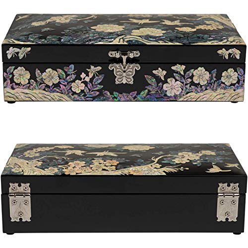 February Mountain Mother of Pearl Large Jewelry Box with Ring Tray - Handmade Unique Gifts for Women - Abalone Shell Keepsake Decorative Box - style: Plum Blossom