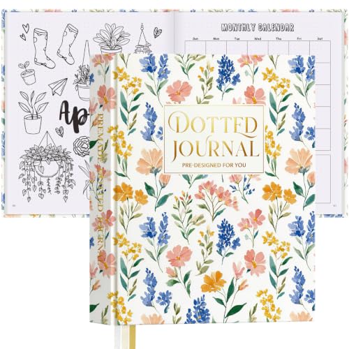 Everloria Premade Dotted Journal Notebook, 12 Months Pre-made Templates, 260 Hand-Drawn Coloring Pages, Undated Weekly & Monthly Planner, 7.8"x9.3" Leather Dot Grid Mood Habit Tracker - color: Floral B
