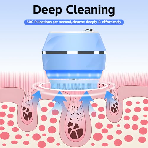 Face Scrubber, Waterproof Silicone Facial Cleansing Brush 6 Modes, 3 Light Effect, Rechargeable Electric Exfoliator Deep-Clean Scrubber for Women and Men - color: Blue