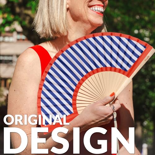 Fisura – Original Folding Fan with Stripes Print. Red and Blue Wooden Handheld Fan for Women with Hanger. Perfect Accessory for Weddings, Parties, Festivals and Gift Ideas. 16.7 x 9. - color: Red and Blue Stripes