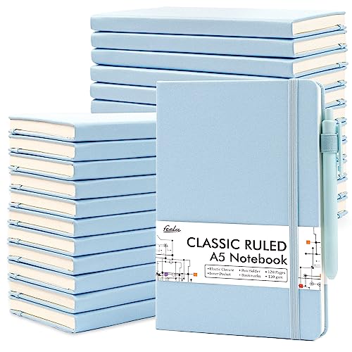 feela 24 Pack Journal Notebook for Work, Business Notebook Bulk Hardcover Lined Writing Journal with Pen Holder for Men Women Note Taking, with 24 Black Pens, 120 GSM, 5.1”x8.3”, A5, Light Blue - color: 24 Pack light blue