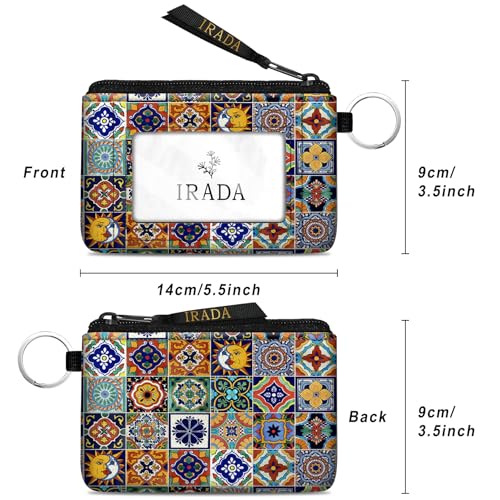 IRADA ID Case Wallet Keychain with Clear ID Window Zipper Cute Coin Purse for Women Water Resistant Small Coin Pouch-Mexican Talavera Tile Keychain Wallet - color: Mexican Talavera Tile-Keychain Wallet