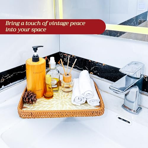 Rattan Rectangle Tray with Mother of Pearl Inlay – Unique Decorative Rattan Serving Tray for Coffee Table, Bathroom Vanity, Perfume & Nightstand – Ideals for Housewarming (White 11.8") - color: White 11.8"