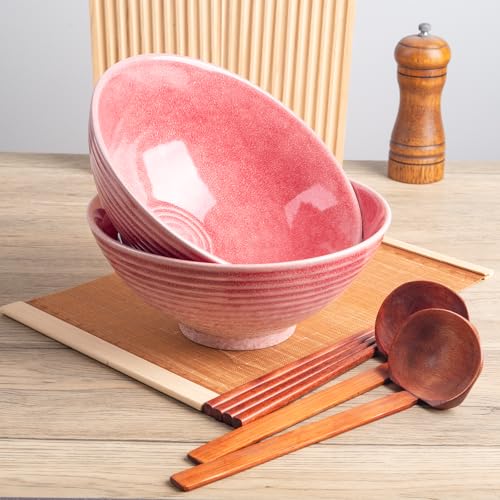 40oz Japanese Ceramic Ramen Bowl Set of 2 with Chopsticks and Spoons for Pho Udon Asian Soup Noodles (Pink) - color: Pink