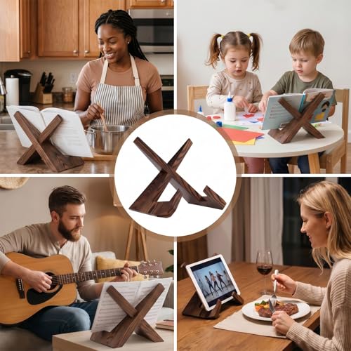 Wooden Cookbook Stand for Kitchen Counter, Rustic Farmhouse Decor, Hands‑Free Reading Holder, Cookbook Holder & Recipe Book Stand, Perfect for Home Cooks, Students & Music Lovers (Brown)