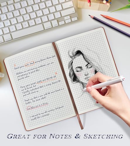 Biuwory A5 Hardcover Graph Paper Notebook, Grid Leather Journal for Writing - color: Brown, size: Squared-140 Pages (5.7"×8.3")
