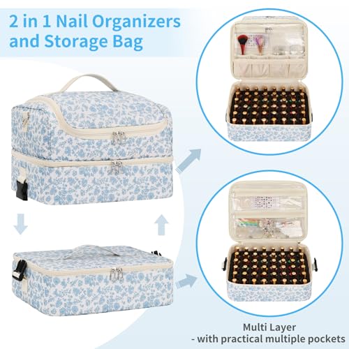 Extra Large Nail Polish Organizer - Three Layer Nail Organizers And Storage Bag, Portable Nail Supplies Organizer Case, Nail Tech Kit Travel Carrying Box with Shoulder Strap (Floral Blue, 117 Slots) - color: Floral Blue, size: 117 Slots