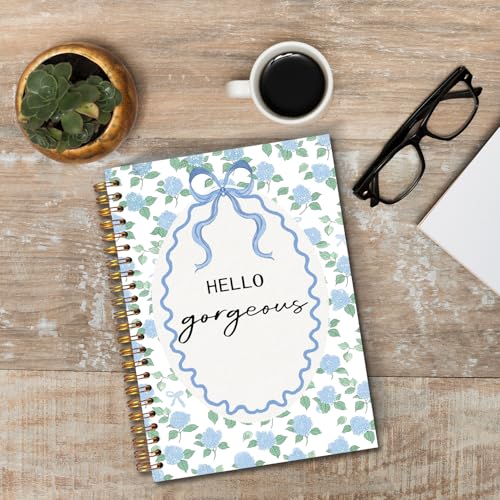 JINYO Hello Gorgeous Hydrangea Floral Notebook, Coquette Blue Bow Notebooks for Note Taking, Preppy Blue Journals for Writing, Girly Aesthetic Floral Spiral Notebook 5.5x8.3 Inch - color: white