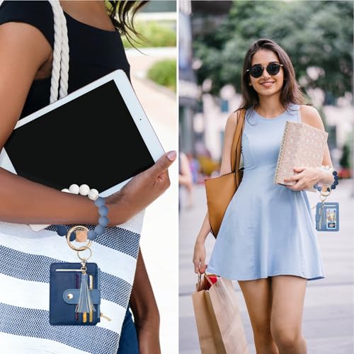COOLANS Silicone Bracelet Wristlet Wallet Credit Card Holder RFID ID Window Key Ring Tassel Slim Wallet Women Keychain Purse - color: Double Blue