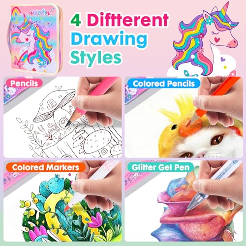 Washable Markers Set with Glitter Pencil Case, Art Supplies for Kids Ages 4-6-8, Arts Crafts Travel Coloring Kit for Girls 4 5 6 7 8 Year Old Birthday Gifts - color: Unicorn