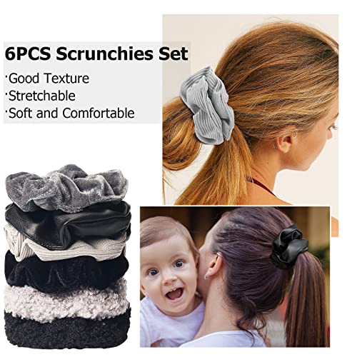Scrunchies for Women 6Pcs Black Grey Velvet Scrunchies for Thick Thin Hair Ultra Textured Soft Hair Bands Neutral Scrunchie No Damage Ponytail Holders Cute Scrunchie Pack Hair Accessories - color: Black 6PCS