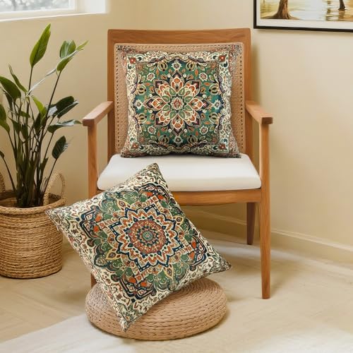 Boho Soft Velvet Throw Pillow Covers 18x18 in Vintage Pattern - color: Green, size: 18" x 18" (Pack of 2)