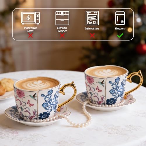 KAMMAK Tea Cups and Saucers Set of 2, 8 oz Porcelain Coffee Cups, YX018 - size: 8CZYX018