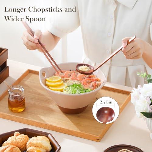 MALACASA 42 oz Ceramic Ramen Bowls with Chopsticks & Spoon, Pink & Khaki - color: Pink and Khaki