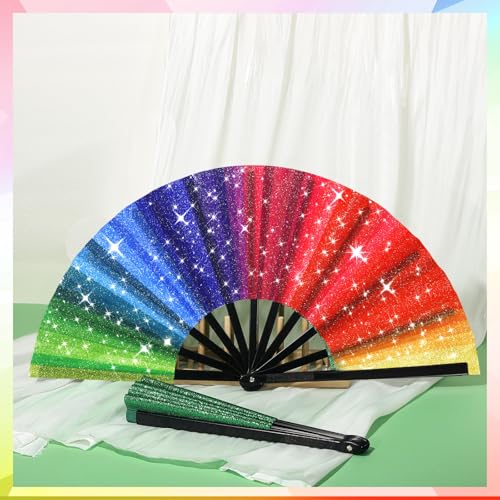 Maitys 2 Pack Foldable Fans for Rave Dancing,Rainbow,Flash Pattern - color: Rainbow, style: Flash Pattern