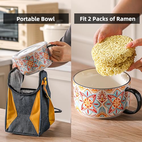 Jumbo Ceramic Soup Bowl with Lid, Microwave Safe - Pattern D - color: Pattern D, size: Set of 1