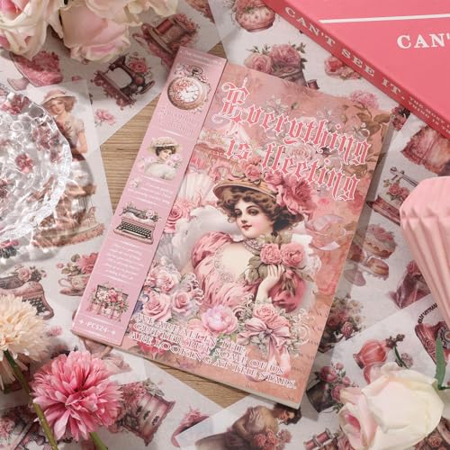 Vintage Ephemera Sticker 24 Sheets precut 300 washi Stickers Paper People Journal Stickers for Adults Junk journaling Sticker Book Scrapbooking Supplies - color: Pink