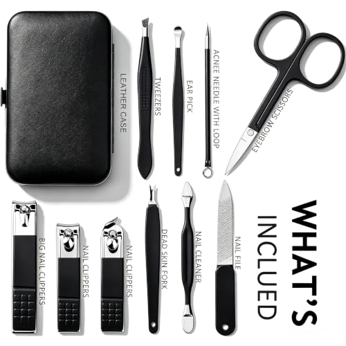 HANTEKAS Manicure Set 10 in 1 Stainless Steel, Nail Clippers Scissors Pedicure Tools Kit - Portable Travel Grooming Kit for Men and Women with Leather Case (Black Beige) - color: Black