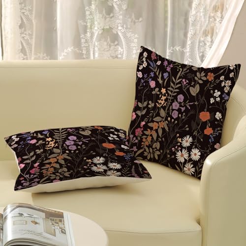 Spring Floral Pillow Covers 18x18 Pack of 2 Black Botanical Wildflower Herbs Throw Pillow Covers Outdoor,Summer Flower Plant Decorative Pillowcase Farmhouse Linen Cushion Case for Sofa Couch - color: Black Floral 1, size: 18" x 18" (Pack of 2)