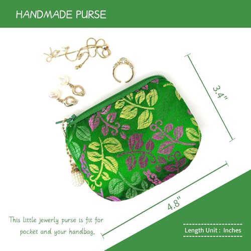 Handmade Women Coin Purse Brocade Zipper Wallet Rosary Pouch Silk Jewelry Bag - GreenPro - color: GreenPro