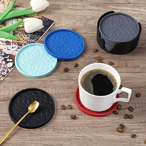 ME.FAN Silicone Coasters with Holder,[6 Pack] Drinking Coasters - Cup Mat for Hot or Cold Drinks, Thickened, Non-Slip, Non-stick,Deep Tray Navy Blue - color: Navy Blue