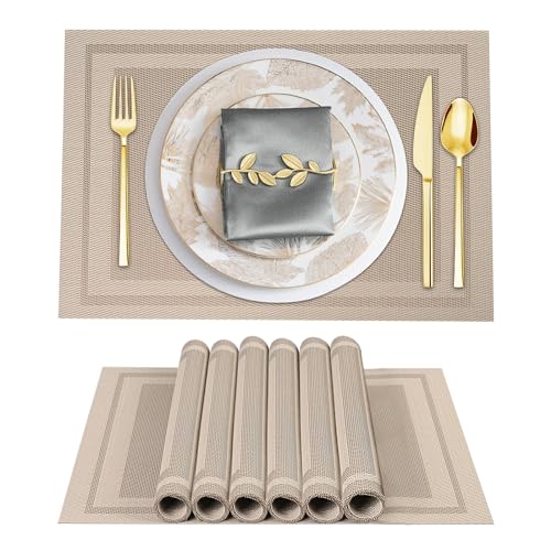 BETEAM Placemats Set of 12, Woven Vinyl Place Mats for Dining Table, Beige - color: Beige, size: 12 Pcs