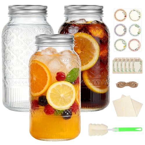 64oz Glass Mason Jars Wide Mouth 3-Pack with Airtight & Leakproof Lids - color: Clear01-64oz